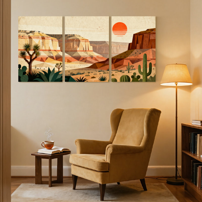 Paysage et nature, paysage désertique avec cactus et coucher de soleil, ensemble de 3 impressions sur toile