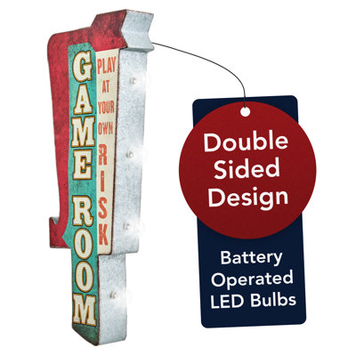 Vintage LED Marquee Double Sided Metal Wall Sign - Retro Art w/LED Light Bulbs - Battery Operated Wall Decor for Game Room, Bar, Man Cave, Garage - Game Room Arrow, 25" x 9" x 3"