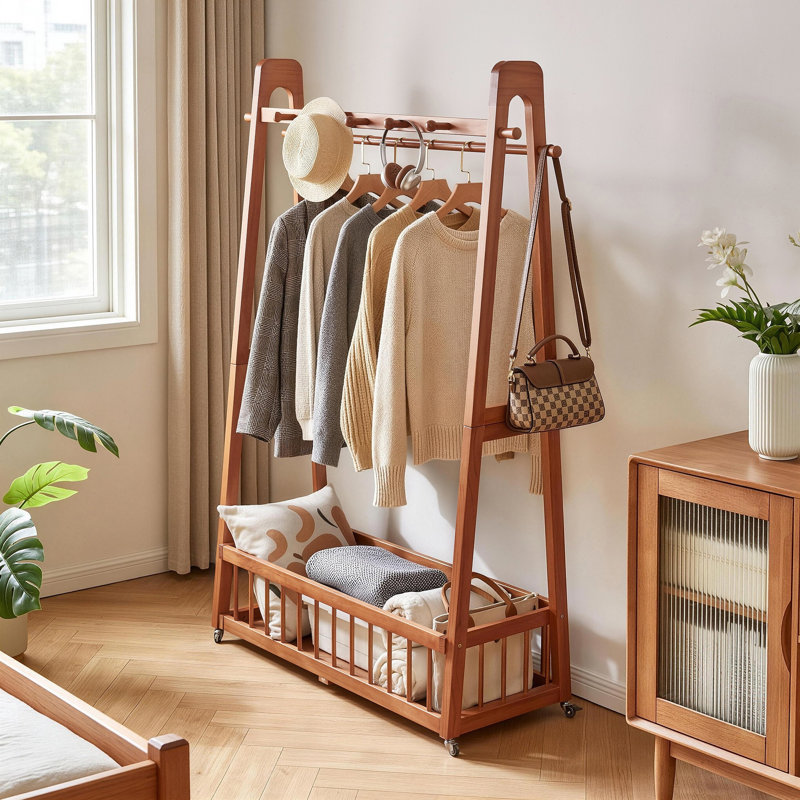 Solid Pine Garment Rack with Locking Casters and Spacious Storage Basket - Classic Cherry Finish