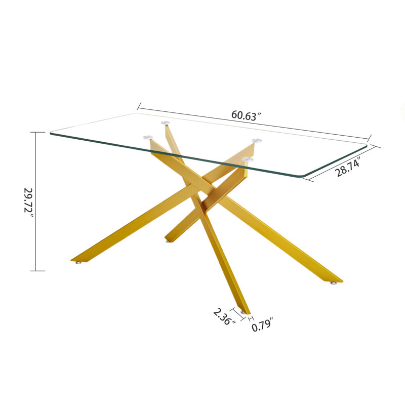 Glass Dining Table for 6, Modern 60" Rectangular Kitchen Dining Room Table for 4-6 with X-Shape Metal Base Large Clear Glass Top Dining Tables for Home Kitchen