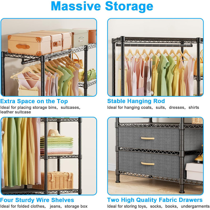 Black Portable Steel Closet System with Fabric Drawers