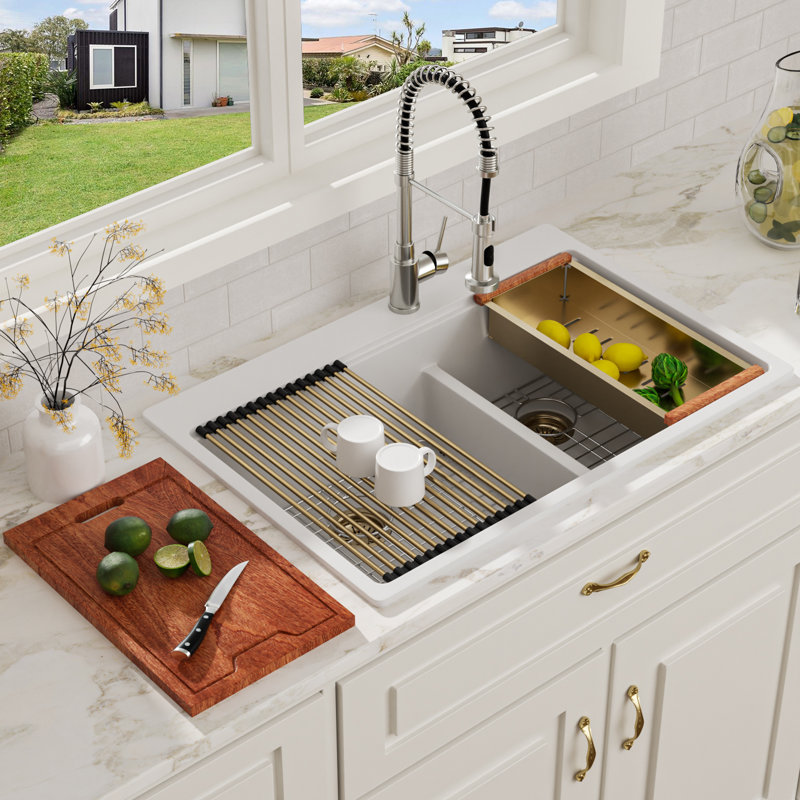 33”x22” Dual Basin 60/40 Drop-in Quartz Stone Kitchen Sink In White Top-mount Double Bowl Granite Composite Workstation Kitchen Sink with Accessories