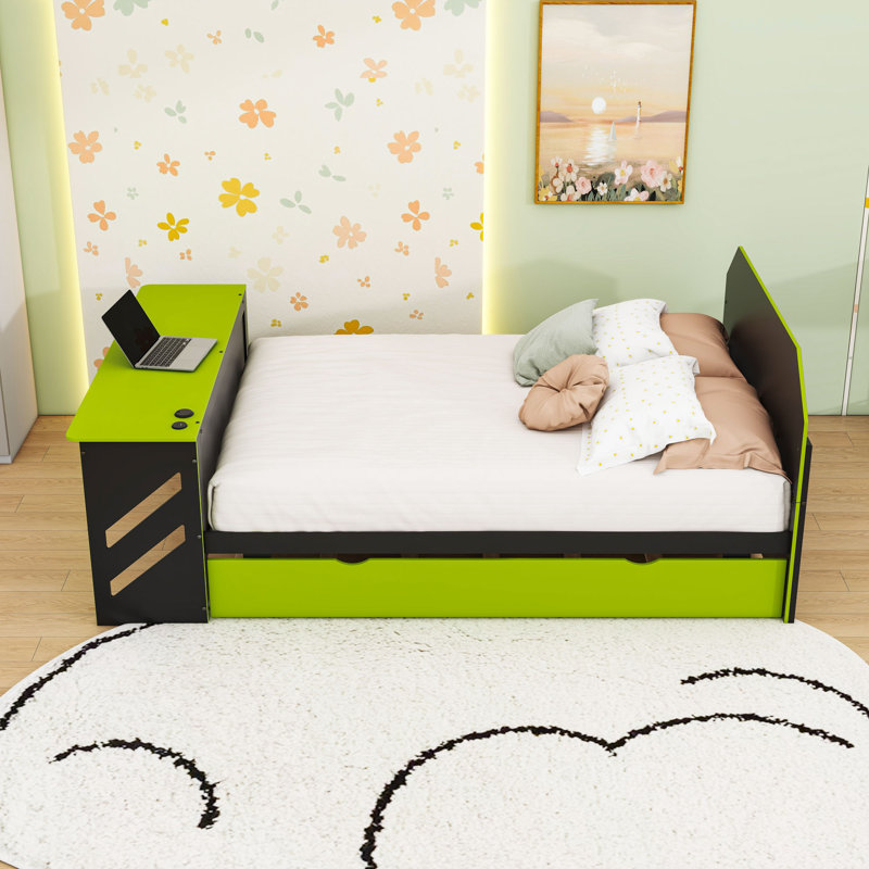 Full Wood Daybed with Twin Trundle, Desk and USB Port, Green