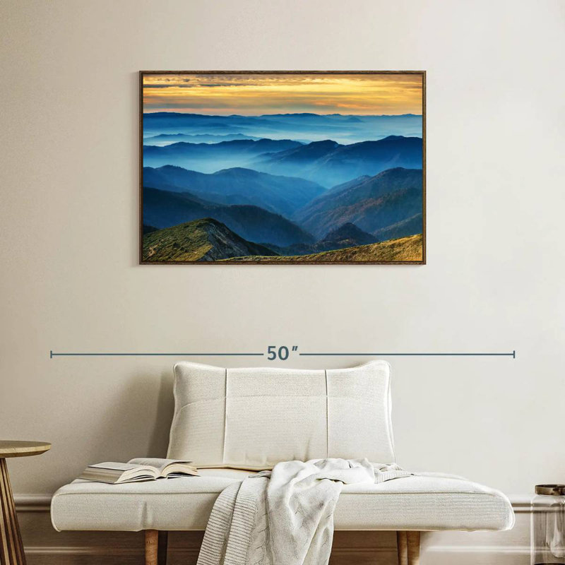 Paysage de montagne apaisant, 37 po x 25 po, Cadre flottant noyer