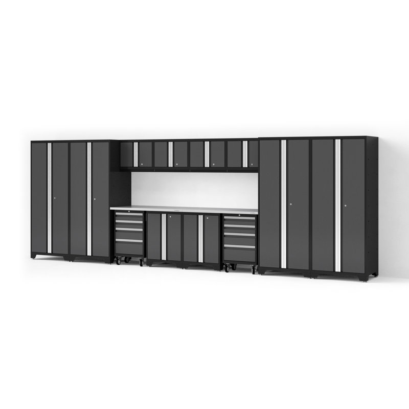 Bold XL Series Gray 14 Piece Garage Cabinets Set With Tool, Base, Wall Cabinets, Stainless Steel Worktop And 30 In. Lockers