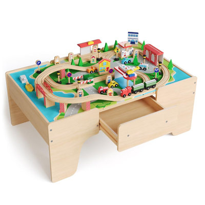 84Piece Train Table, Multipurpose Wooden Toy Activity Playset for Children w/Tracks and Drawer - Natural