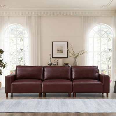 Luxury PU Leather Sofa For Living Room, Apartment, Upholstered Breathable Faux Leather Couch With Wood Legs