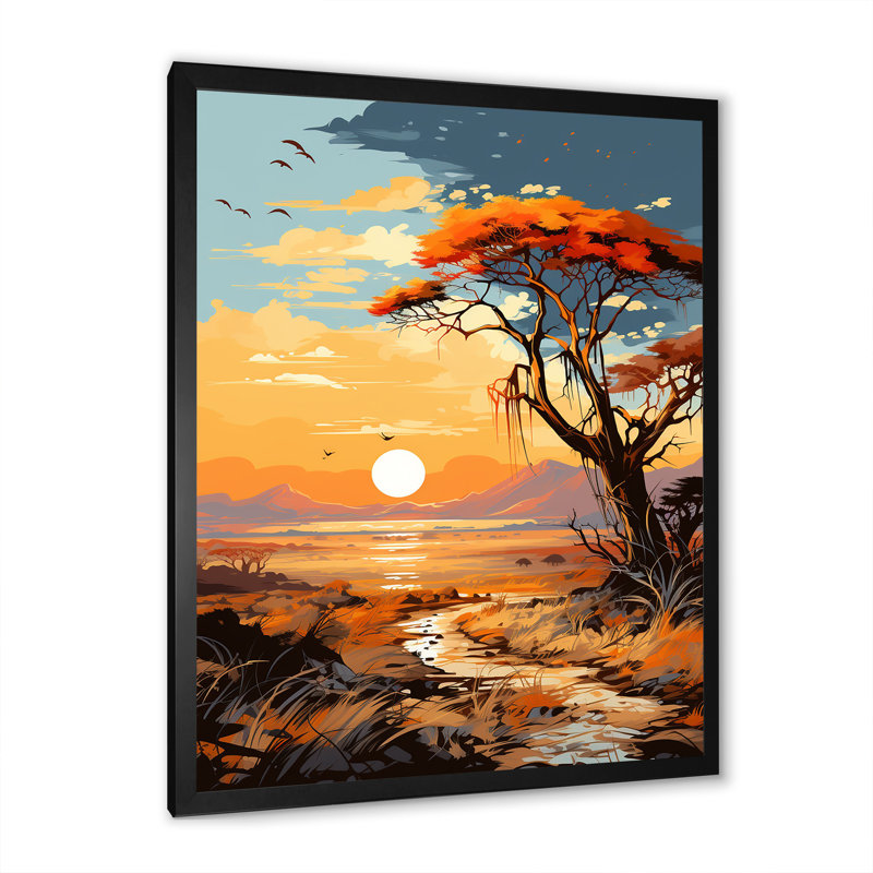 Coucher de soleil africain, savane, harmonie II - arbre, art mural africain, Cadre simple noir, H 20 po x l 12 po x P 1 po