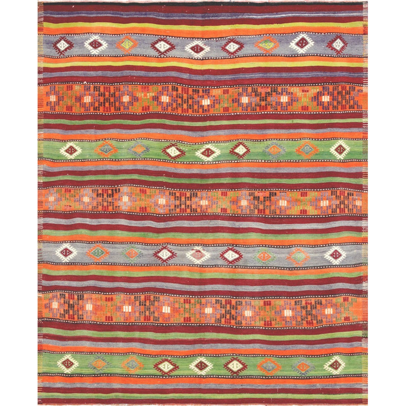 Tapis unique en laine noué à la main de style années 1960 de 6 pi 4 po x 7 pi 8 po vert / rouge