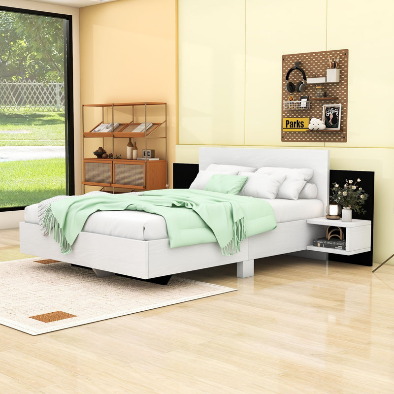 Modern Floating Platform Bed with LED Lighting and Built-in Nightstands, White, Queen