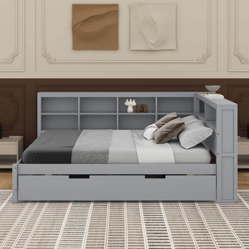 Lit de jour double avec lit gigogne, tablette et port USB, gris