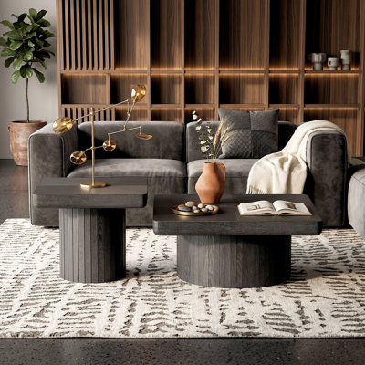 Modern Wood Nesting Coffee Table Set in Black ｜Thickened Sturdy Tabletop｜2-Piece Coffee Table with Cylindrical & Fluted Pedestal  Minimalist Center Table & Side Table for Wabi-Sabi Decor