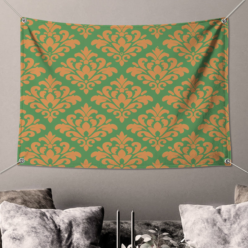 Tapisserie murale orange et vert damassé, 68in H x80in W with 4 Grommets