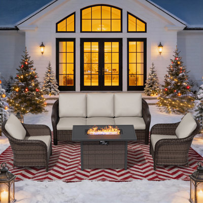 5-Person Outdoor Patio Conversation Rattan Seating Group With 50000BTU Fire Pit Table,2 Single Chair and Beige Cushions