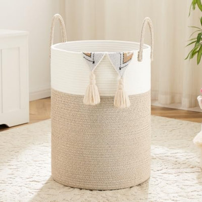 Panier à linge, panier à linge en corde de coton tissé, 80L pour le rangement décoratif des vêtements sales, des jouets et des couvertures dans la salle de bain, la chambre de bébé et le salon