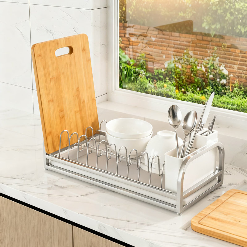 Space-Saving Dish Drying Rack For Small Kitchens, 304 Stainless Steel Dish Drainer With Utensil Holder And Removable Drip Tray For Countertop Organization