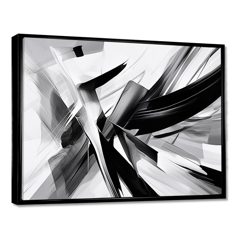 Abstrait abstrait vagues noires et blanches - Formes abstraites encadrées, Toile avec cadre flottant noir