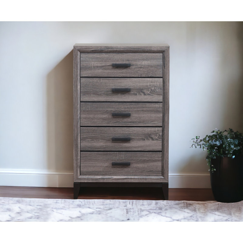 Commode 5 tiroirs Jerold, Gris clair