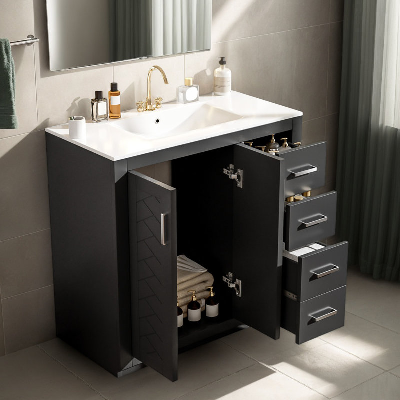 Meuble-lavabo 36 po avec lavabo en céramique, meuble-lavabo autoportant avec 3 tiroirs et 2 portes, portes à fermeture douce