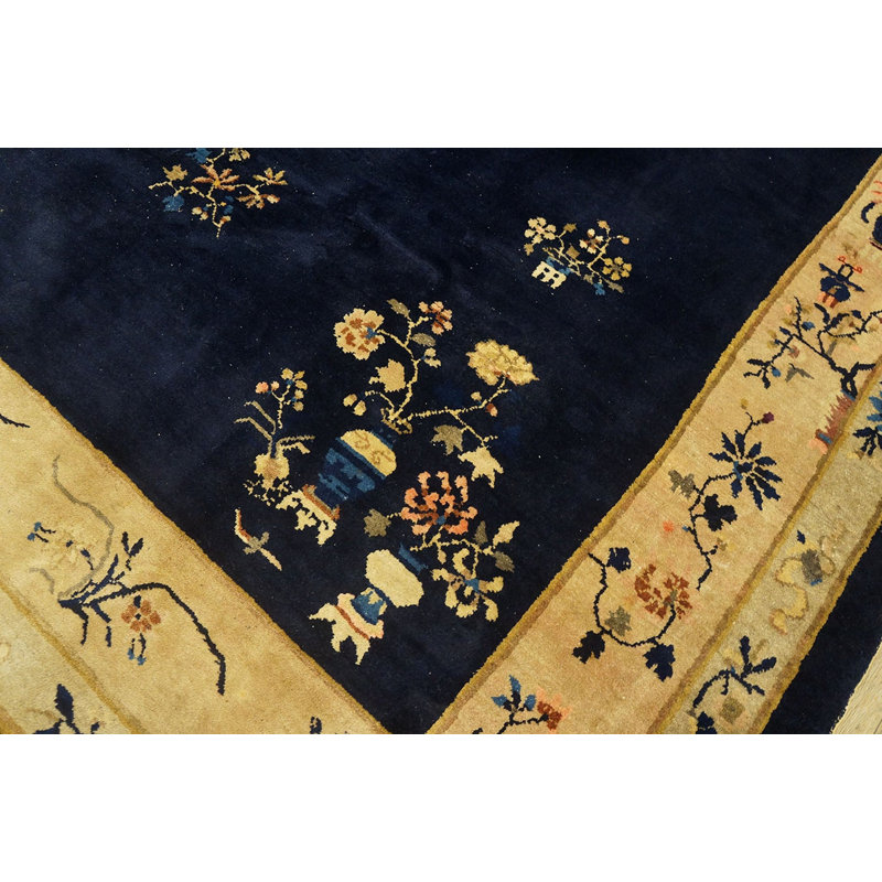 Wool Rectangle 1920s Hand Knotted Pile Blue Ivory Beige Cream White Antique Rug