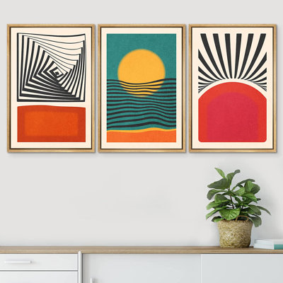 Abstract Vibrant Color Blocks " Mid-Century Rising Sun & Color Blocks Abstract Geometric " 3 - Pieces