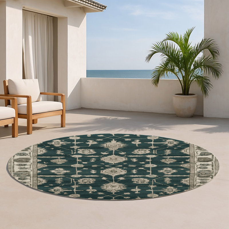 Overdyed Green Indoor and Outdoor Area Rug, Round 5'