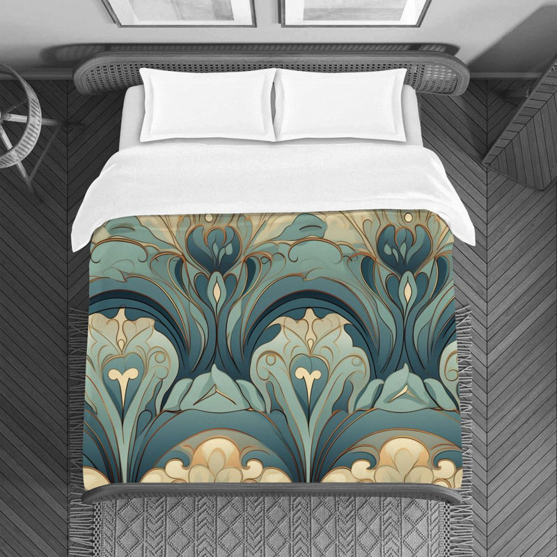 Housse de couette moderne années 1970 beige, Housse de couette pour lit simple, Bleu / beige damassé