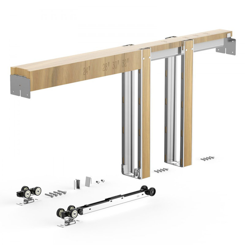 Ensemble de cadre pour porte coulissante à galandage, conçu pour les portes de 61 à 76 cm de large et 203 cm de hauteur, avec mécanisme de fermeture amortie bidirectionnel, coulissement fluide et silencieux, installation facile, en bois et acier galvanisé