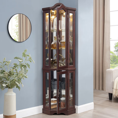 Vitrine de coin lumineuse avec portes et tablettes en verre trempé - Élégant rangement en chêne pour le salon et la chambre à coucher - Cerisier foncé