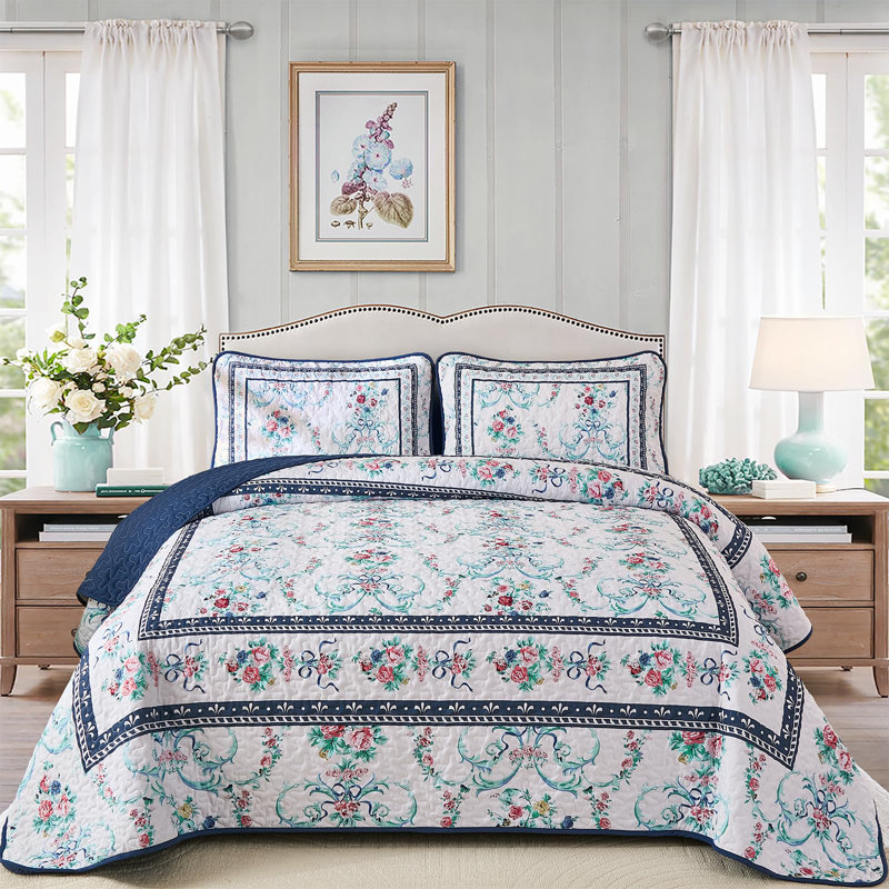3-Piece Retro Floral Quilt Set Soft Microfiber Lightweight Bedspread for All Seasons, King Quilt + 2 Pillowcases, Dark Blue