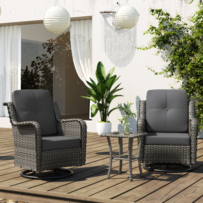 Auryanna Rattan Outdoor Furniture 2 Swivel Chairs with Waterproof Coushions and Glass Top Table Set