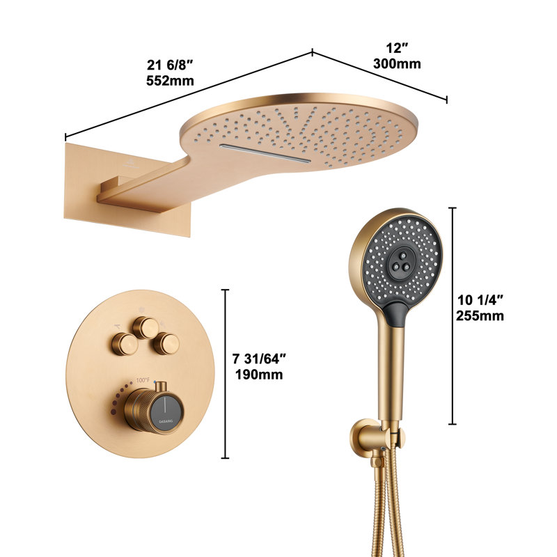 Rainier Thermostatic Rainfall Shower System with Rough in-Valve, Brushed Gold