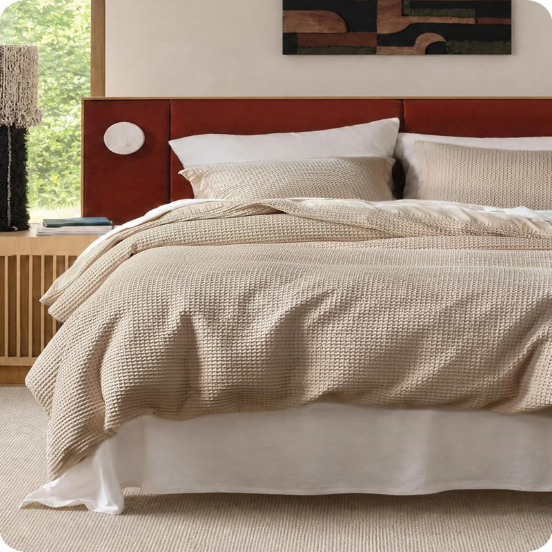 Essential Collection 100% Cotton Waffle Weave Duvet Cover Set, Khaki, Oversized Queen Duvet cover + 2 Standard Shams