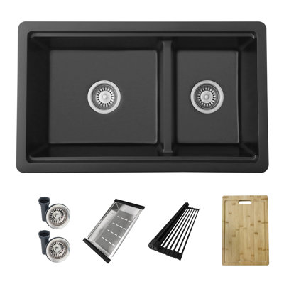 30 in. x 18 in. Granite Composite, Black 60/40 Double Bowl Undermount or Drop-In Kitchen Sink with Build-in Accessories