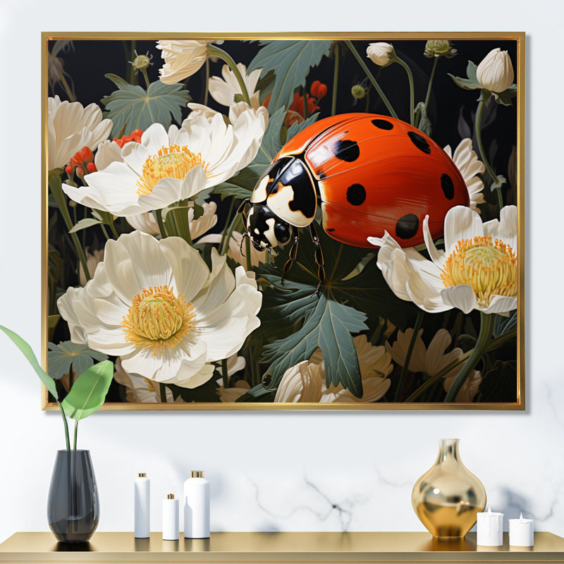 «Ladybug Playful Spots Pastoral I», reproduction sur toile, 34" H x 44" W, Black Picture Framed