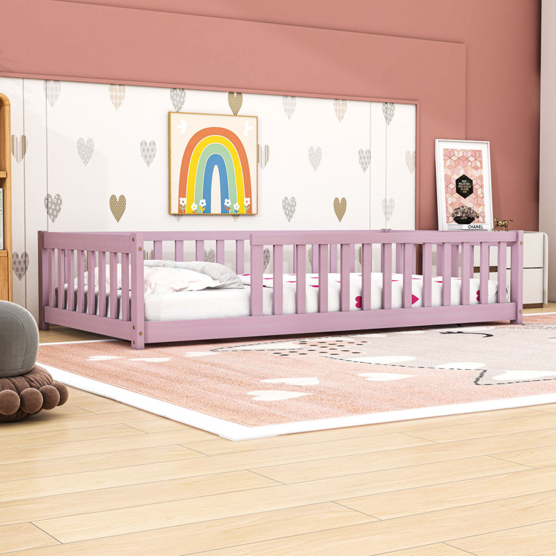 Twin Floor Bed With Safety Guardrails, Pink