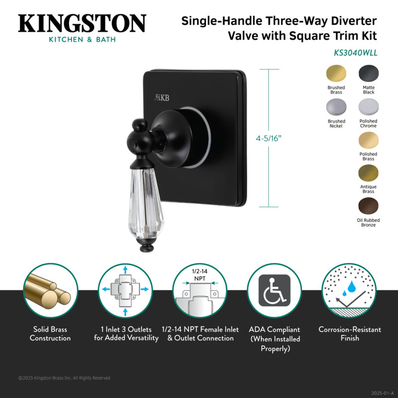 Kingston Brass Willshire Single-Handle Wall Mount Three-Way Diverter Valve with Trim Kit, Brushed Nickel