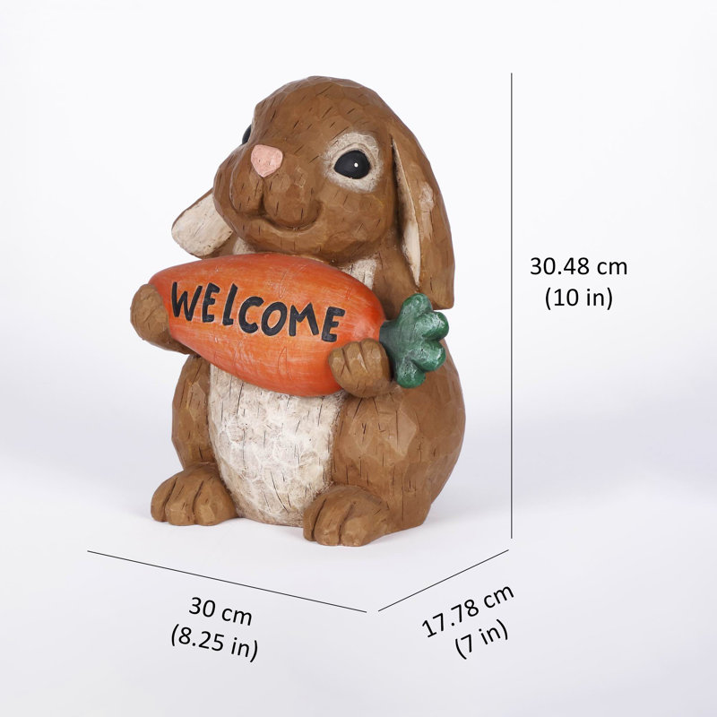 Brown Polyresin Rabbit Holding Carrot Welcome Sign Statue