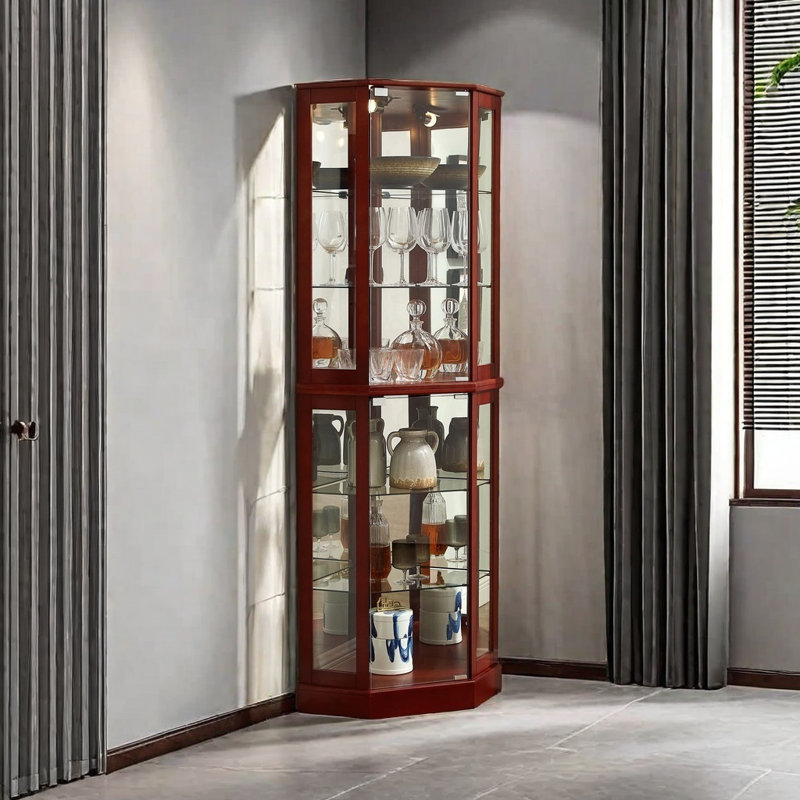 6 Shelf Corner Curio Display Cabinet With Lights, Mirrors And Adjustable Shelves(E26 Light Bulb Not Included), Cherry