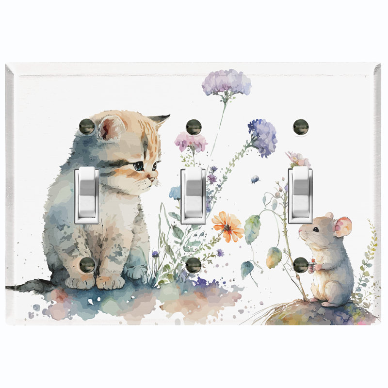 Metal Light Switch Plate Outlet Cover (Cat Mouse Friends Flower Field - Triple Toggle)