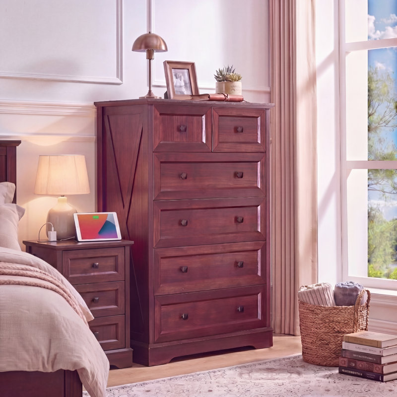 6 Drawer Dresser for Bedroom, Tall Farmhouse Chest of Drawers, Wooden Storage Cabinet with Deep Drawers, Vertical Space-Saving Organizer