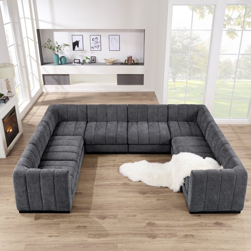 Myrhn Modular Sectional, U-Shaped Contemporary Sleeper Bed with Solid Wood Base, Gray Chenille