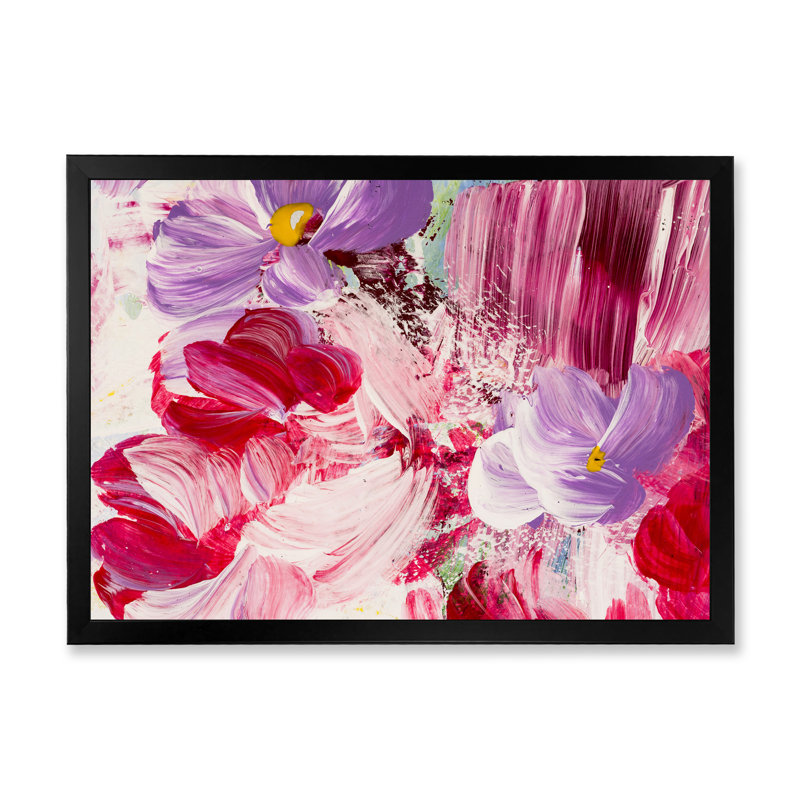 Fleurs abstraites rouges et mauves - peinture sur toile, Cadre noir, H 25,5 po x l 33,5 po x P 1 po