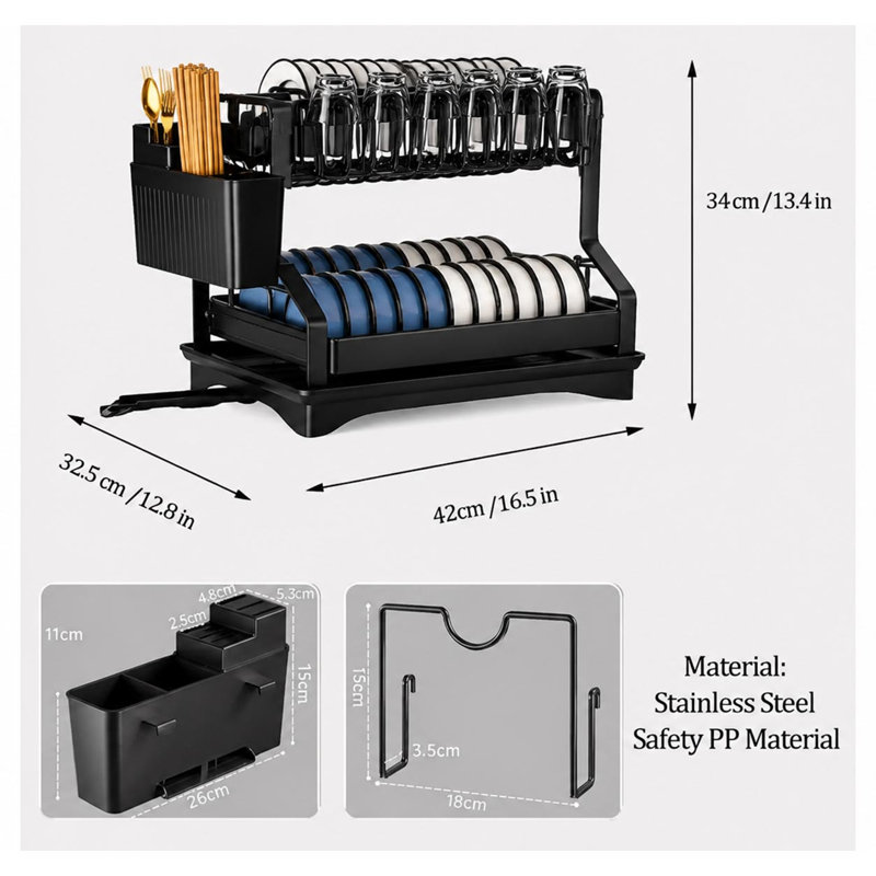 Two-Tier Stainless Rust-Resistant Adjustable Dish Rack, Black