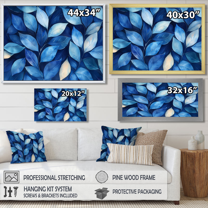 Indigo feuilles feuillage collage IV - feuilles, art mural, Reproduction encadrée d'une seule photo, Noir, H 12 po x l 20 po