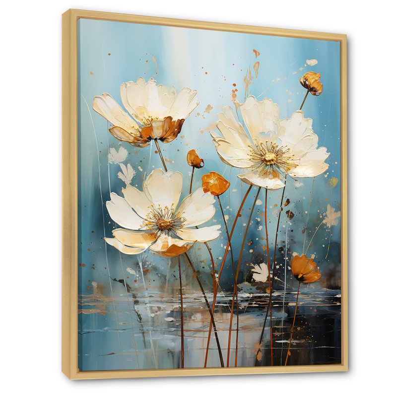 «Daisy Blossoming» en bleu sarcelle - impression, Cadre flottant brun, H 32 po x l 16 po x P 1 po