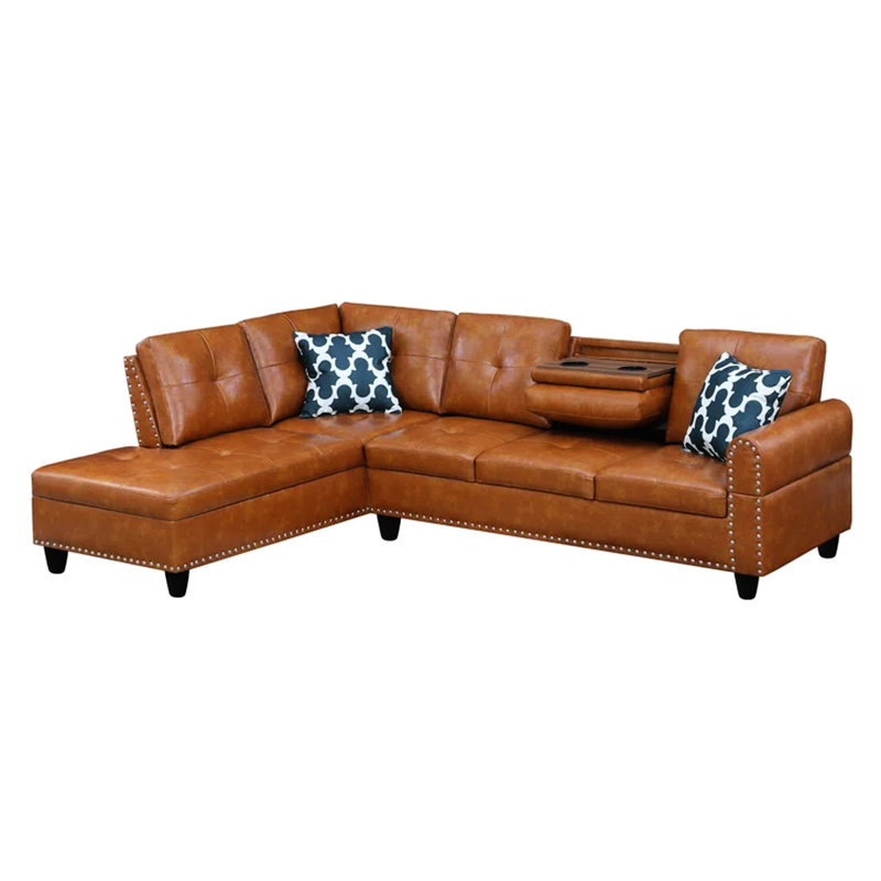 Basic Sectional Sofa, Faux Leather L - Shaped  Sofa Set With Cup Holders 2Pc