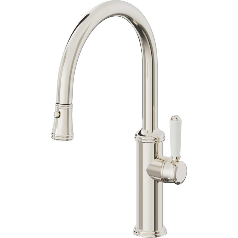 Davoli Kitchen Pull-Down Faucet with Button Sprayer - Low Arc Spout, Polished Nickel