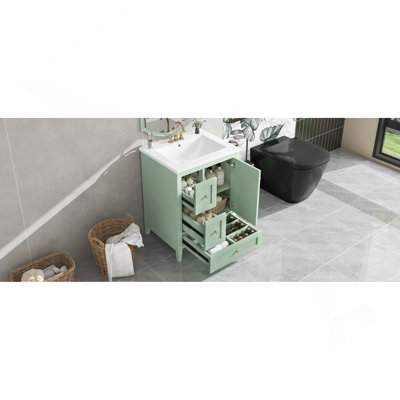 "Meuble-lavabo de 24 pouces avec rangement, tablette réglable, panneau de fibres à densité moyenne et bois d'hévéa, cloisons amovibles, finition verte"