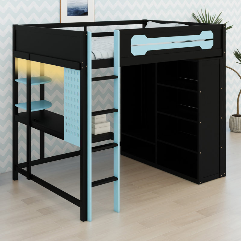Structure de lit contemporaine avec bureau et garde-robe combinés, rehaussée par une atmosphère à DEL programmable, Bleu